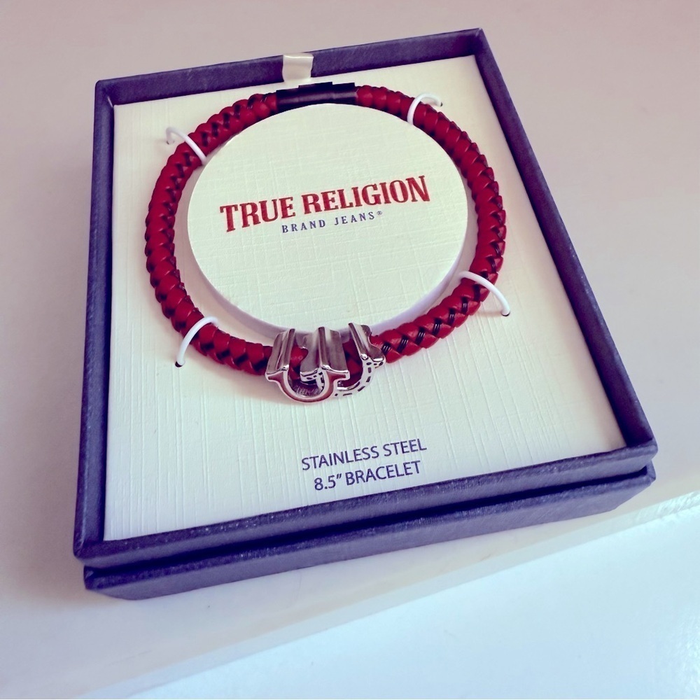 NIB True Religion Leather Red and Silver Stainless Steel Braided Bracelet